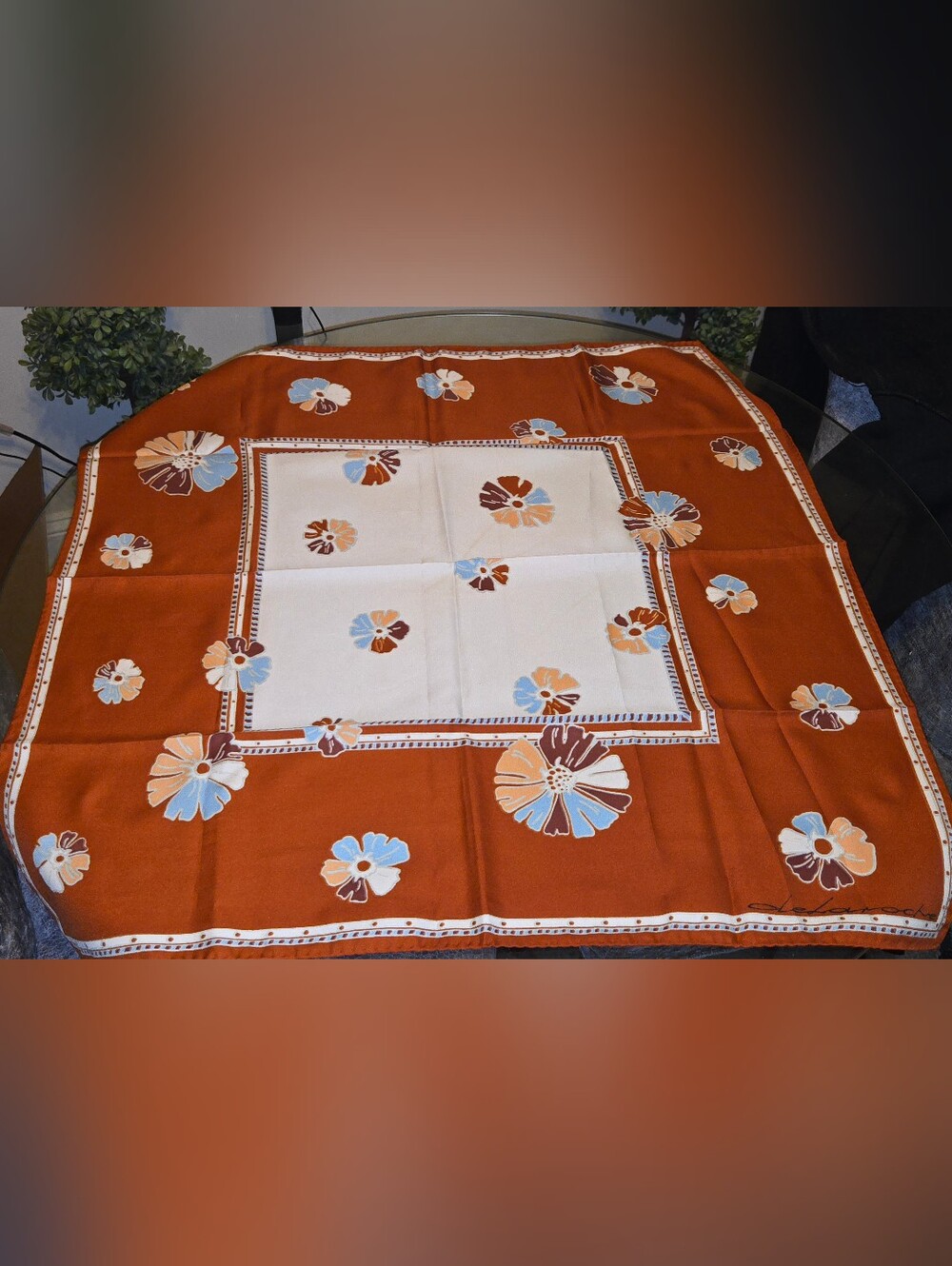Vintage Guy Laroche Paris Silk Scarf Rust Terracotta Blue Floral 30" Square